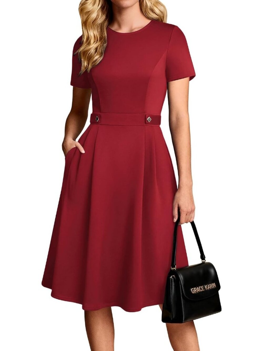 〽️ Women's Red Short Sleeve A Line Pockets Church Work Office Midi Dress